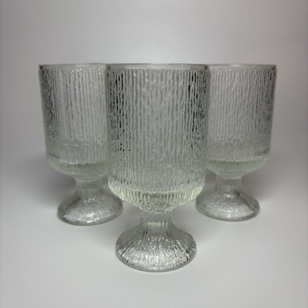3 VTG Indiana Glass Crystal Ice Textured Water Goblets Stemmed